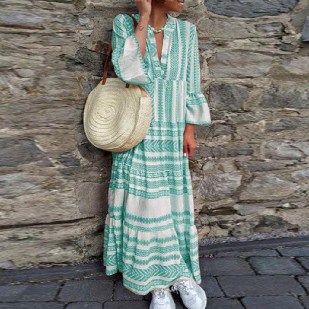 Fashion Women Summer Printed V Neck  Long Dresses Bohemian Dresses