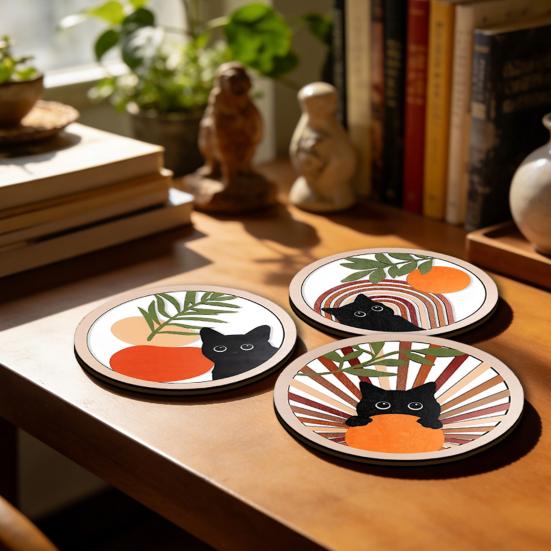 4Pcs Healing Black Cat Wooden Coaster, Creative Heat Insulation Mat, Anti Slip Thickened Desk Protector for Coffee Cup