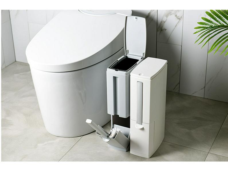 Japanese-Style Bathroom Trash Can & Toilet Brush Set: Compact, Narrow Design with Lid.