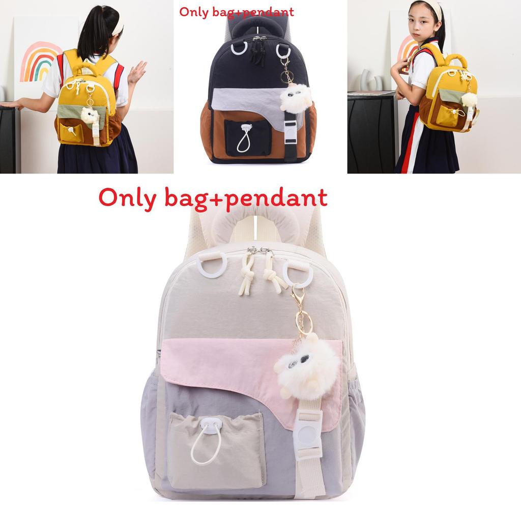 Childrens Color Blocked Backpack With Plush Pendant For School Use