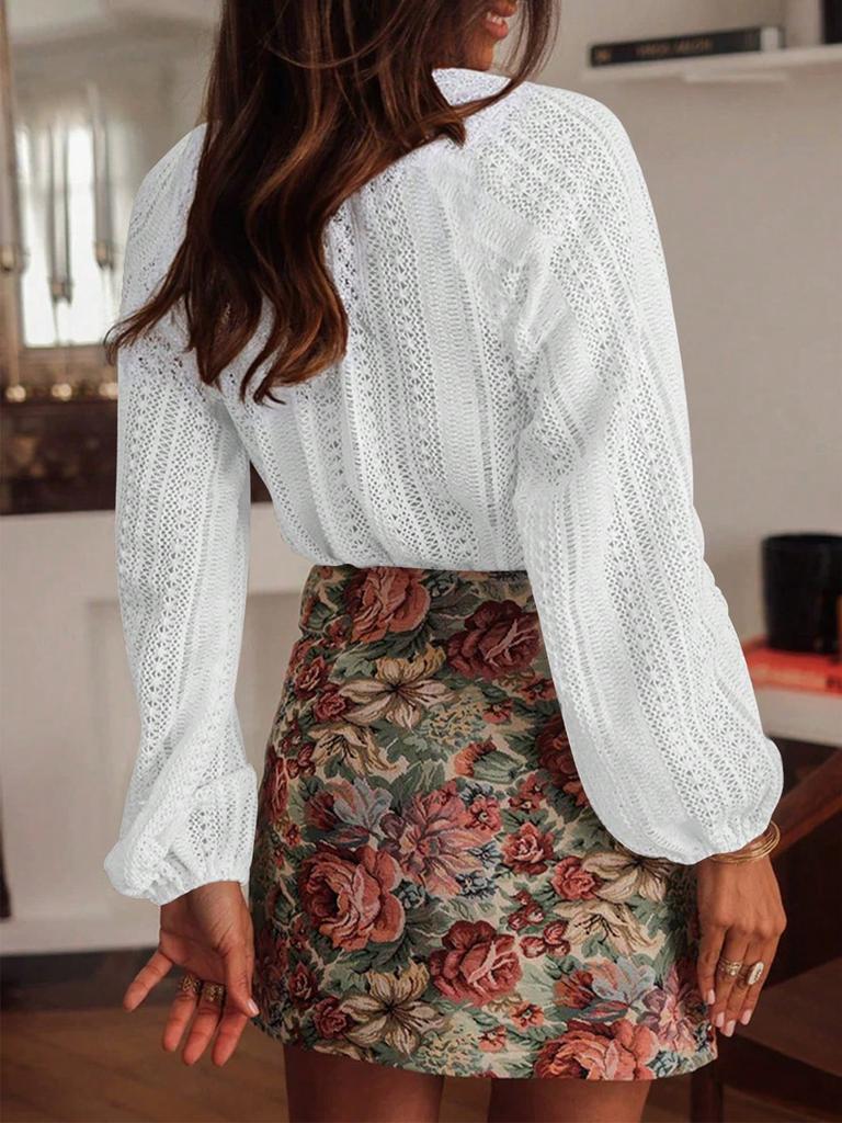 Spring New Loose Fashion Versatile Hollow Lace V-Neck One-Button Pleated Long Sleeve Shirt