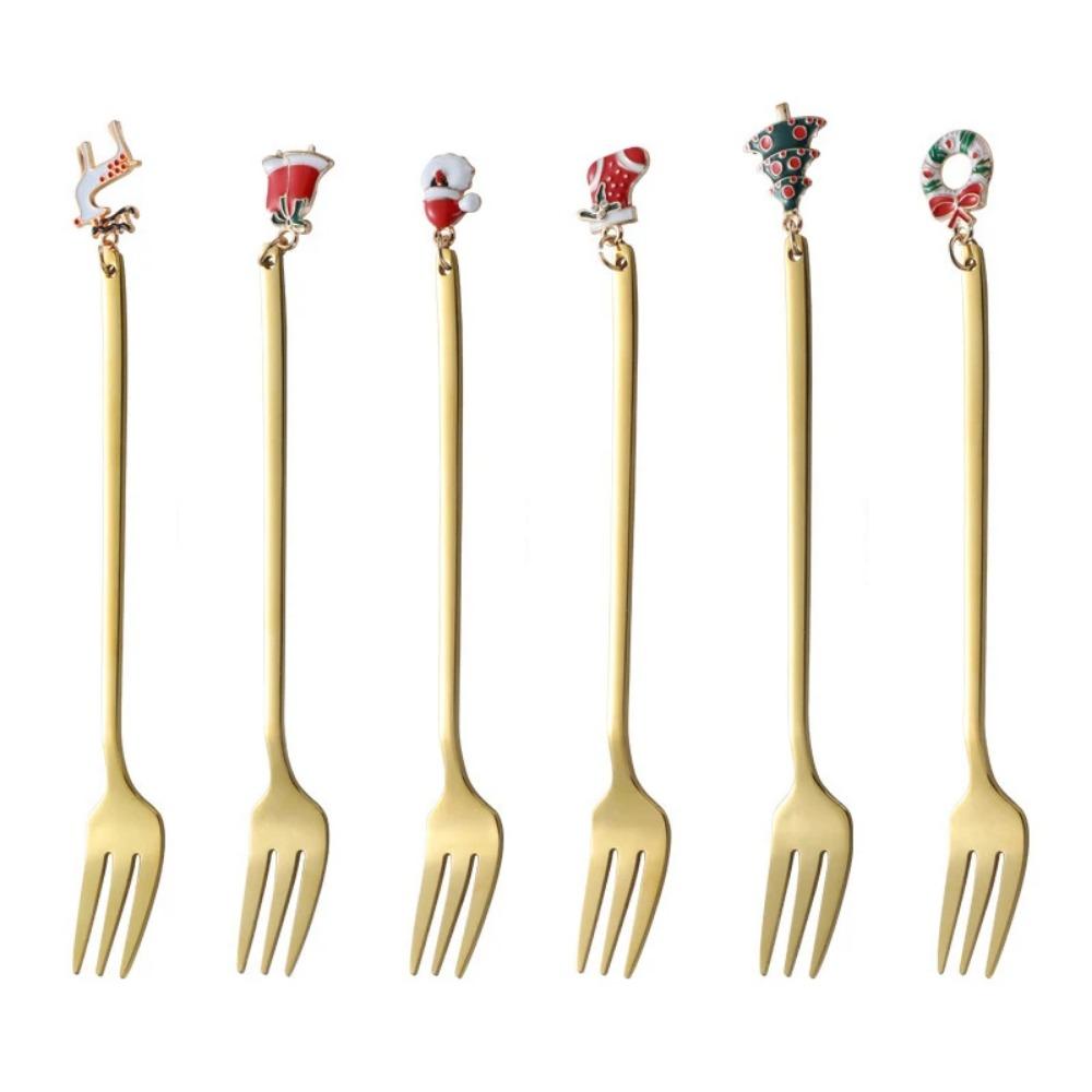 6PCS Christmas Spoons Coffee Cutlery Set Stainless Steel Cutlery Set Dessert Spoon Forks Christmas Gifts Elk Christmas Decoratio