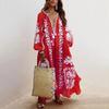 Vestido Maxi de Mujer Bohemio de Verano con Estampado Floral, Cuello en V Profundo, Manga Larga, Oversize, Corte en A, Bajo Fluido, Retro, Vacaciones de Playa, Vestido con Borlas
