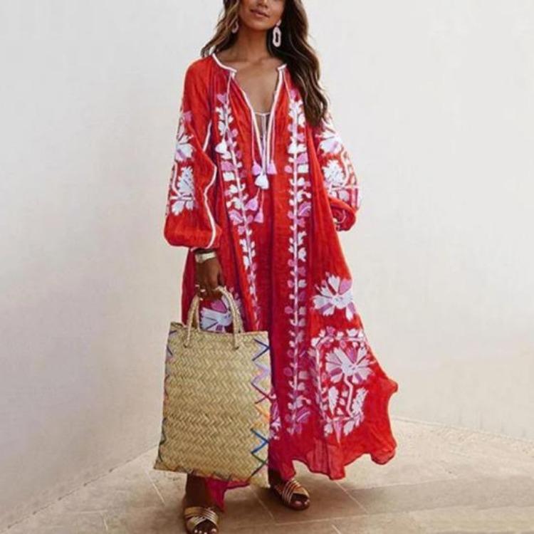 Vestido Maxi de Mujer Bohemio de Verano con Estampado Floral, Cuello en V Profundo, Manga Larga, Oversize, Corte en A, Bajo Fluido, Retro, Vacaciones de Playa, Vestido con Borlas