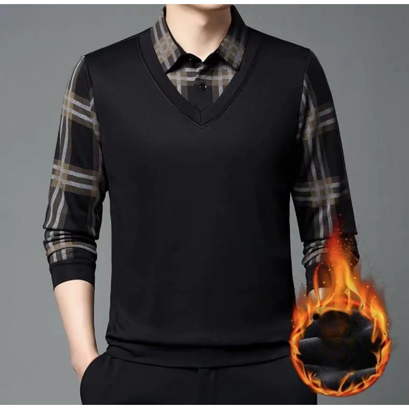 Toamnă și iarnă Îmbrăcăminte caldă pentru bărbați, fără sudură, cămașă falsă din două piese, plus catifea, falsă, din două piese, cămașă casual cu guler pentru tată