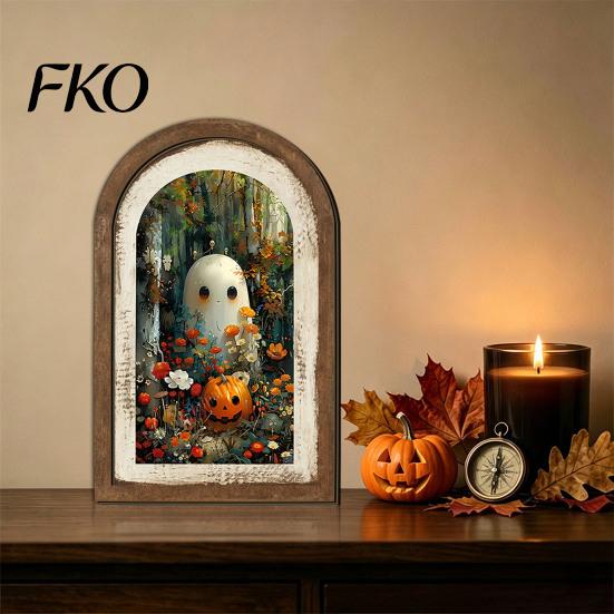 Autumn Fireplace Accent Halloween Ghost Wall Decor, Cute Table Sign, Vintage Arch Framed Shaped Wooden Decor Picture, Decorative Art for Mantel Living