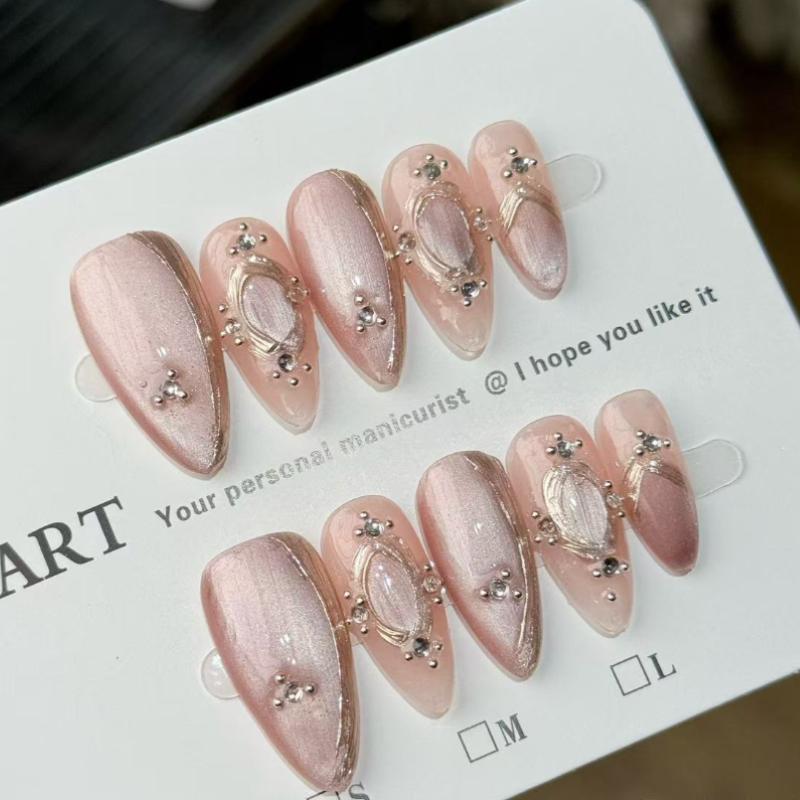 10Pcs Handmade Nude Pink Fake Nails with Ornate Gemstone Decorations XS