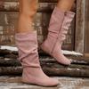 Autumn Winter Pink Mid Calf Boots Women 2025 Fashion Faux Suede Pleated Boots Woman Plus Size 36-42 Flat Heel Long Botas Mujer