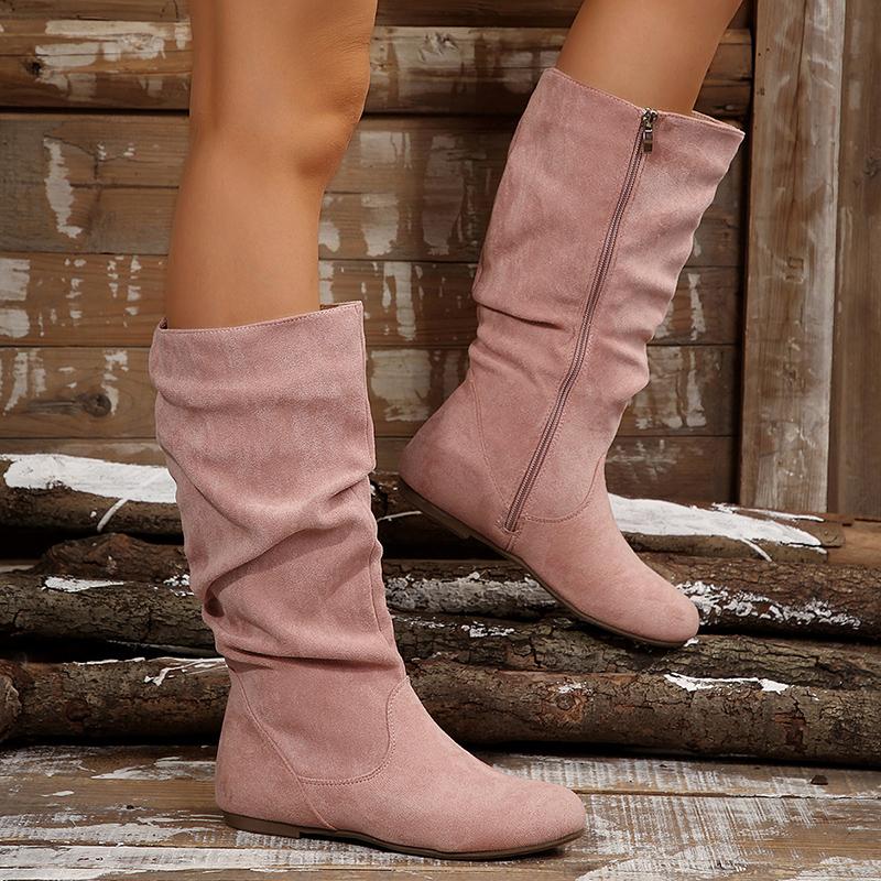 Autumn Winter Pink Mid Calf Boots Women 2025 Fashion Faux Suede Pleated Boots Woman Plus Size 36-42 Flat Heel Long Botas Mujer