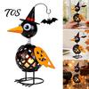 Creative Halloween Gift Wrought Iron Crow And Pumpkin Ornament, Metal Bird Candle Holiday Home Accents Holder Statue with LED for Table Decor