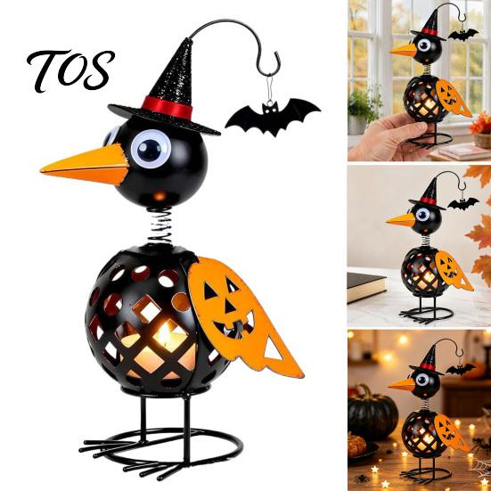 Creative Halloween Gift Wrought Iron Crow And Pumpkin Ornament, Metal Bird Candle Holiday Home Accents Holder Statue with LED for Table Decor