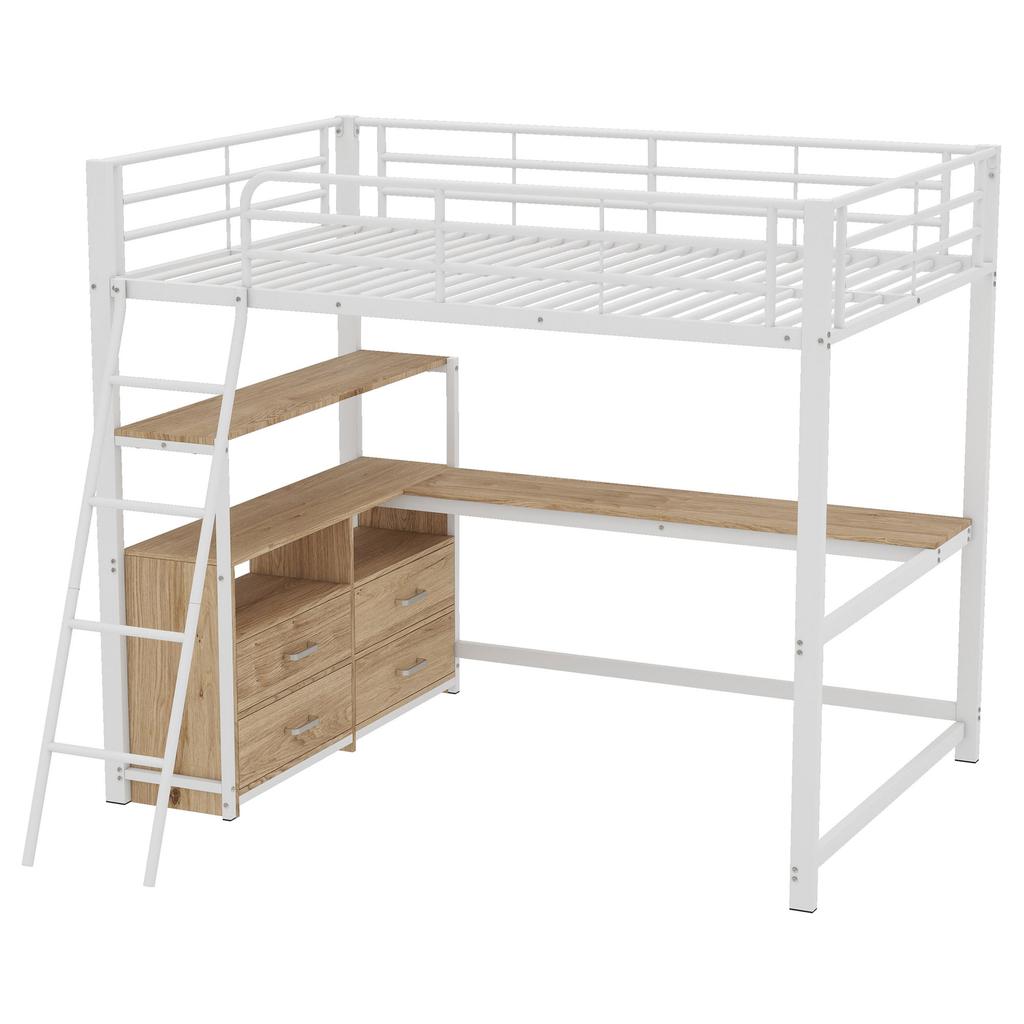 Letto a soppalco, 140*200cm, Struttura in Ferro, Cassetti Pratici, Scrivania Angolare Elegante, Design Laminato, Senza Materasso, Bianco