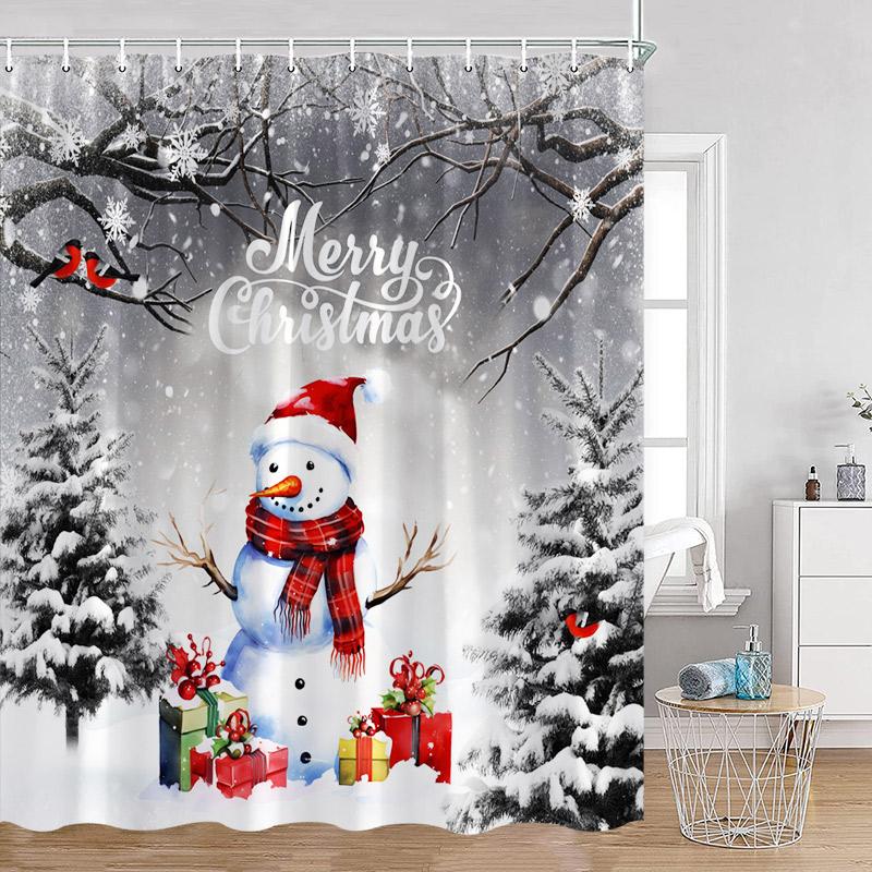 Blue Snowman Shower Curtain Fir Branch Xmas Ball Gift Snowflake Winter Christmas Bath Curtain Set Home Bathroom Decor with Hoo