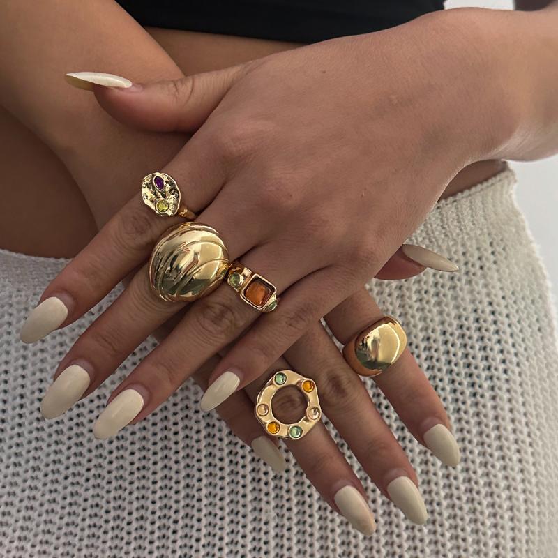 5Pcs Vintage Irregular Metal Large Circular Rings For Women Colorful Rhinestone Opening Rings Fashion Jewelry Accessories Gifts