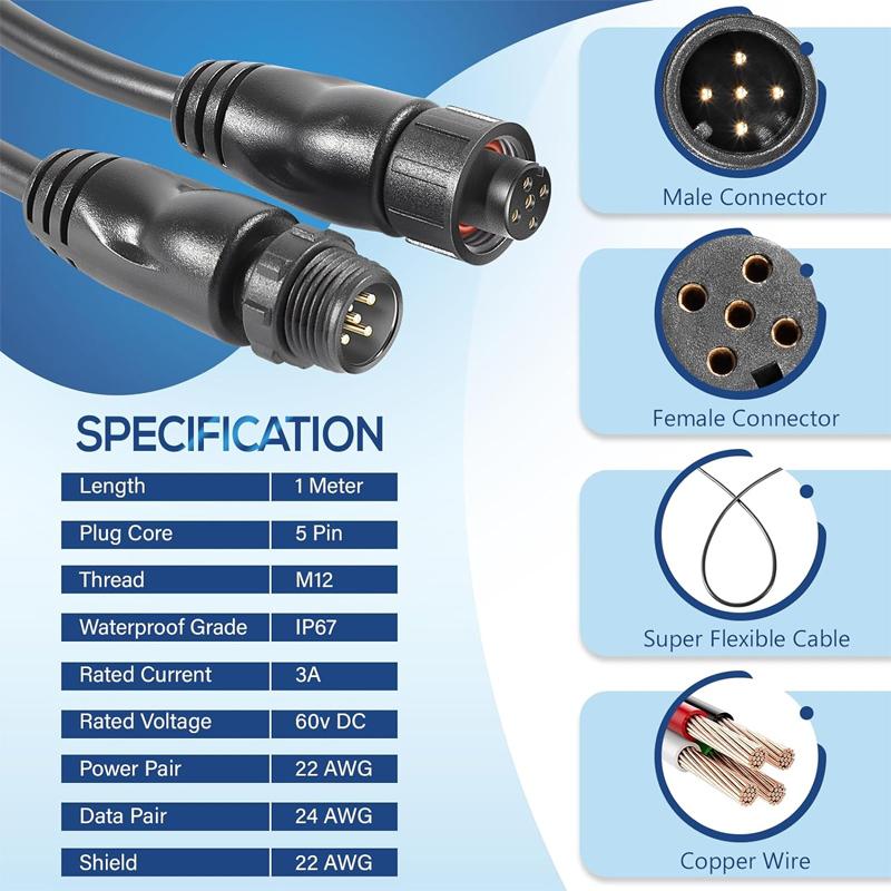 NMEA 2000 (N2K) Backbone, Drop or Extension Cable 1 Meter (3FT 3 Inches) for Lowrance Simrad B&G Navico Garmin Networks, 5 Pin