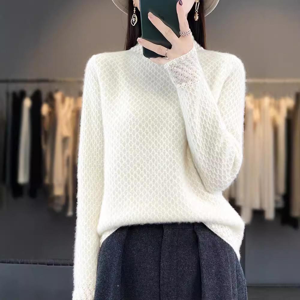Women's 100% Wool Knitted Semi-High Neck Sweater - Thick, Loose, Slimming Autumn/Winter Wear