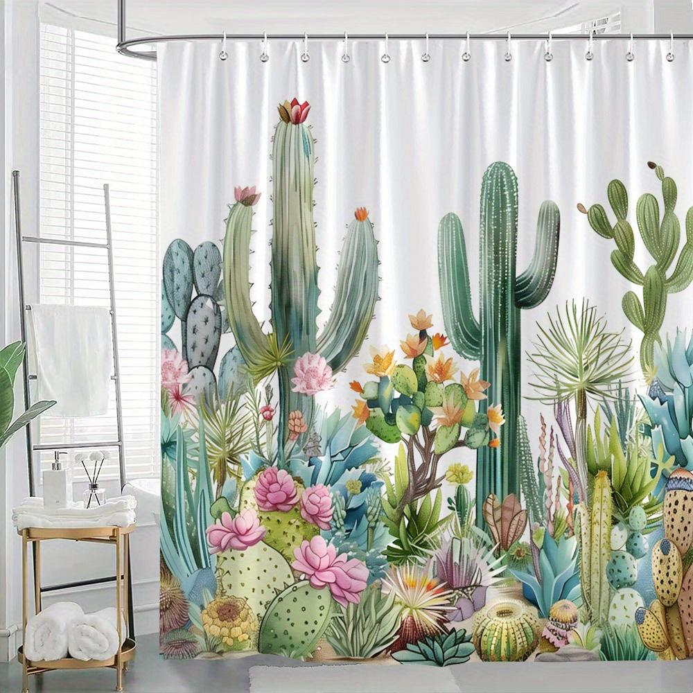 Desert Garden Shower Curtain - Succulents, Cacti, Pink Flowers, Polyester, 12 Hooks, Nature-Inspired Design