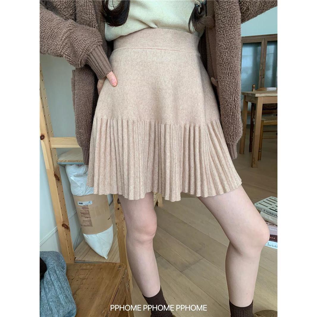 

Korean Style Knit Pleated A-line Mini Skirt - Versatile Fit for Autumn/Winter Women L 105-115 lbs хаки