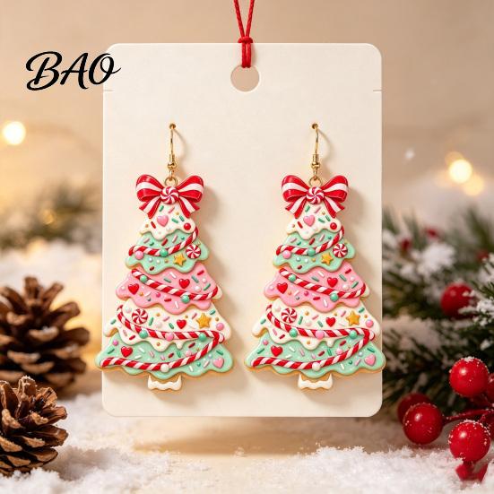 Fun Christmas Theme Earrings 2D Acrylic Earrings, Colorful Tree Dangle with Bow Decorative Holiday Decor, Lightweight Drop Jewelry, Decorations