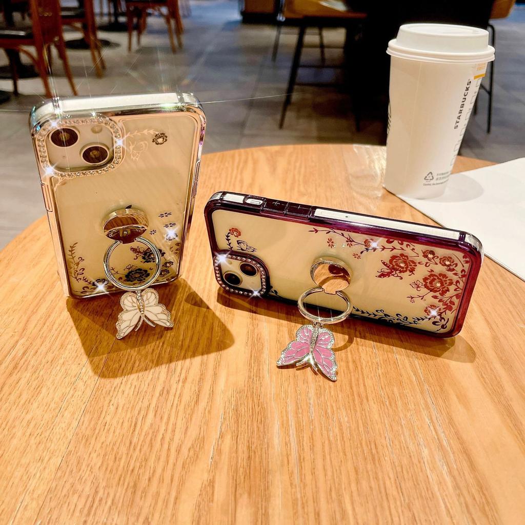 Applicable To Apple 15ProMax Phone Case, IPhone14 Electroplated Butterfly Ring Stand, Lens Flash Diamond Protective Case