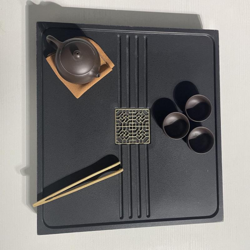Black Gold Slate Tea Tray with Drainage - Simple Embedded Design