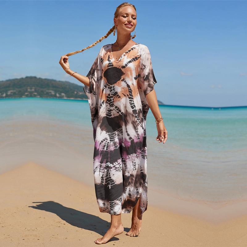 2022 Buntes Kaftan Bohemian Bedrucktes V-Ausschnitt Fledermausärmel Street Wear Maxikleid Damen Strandkleidung Badeanzug Cover Up Q1342