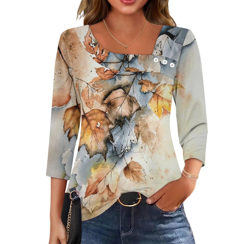 3/4 Sleeve Shirts For Women  Tees Blouses Casual Plus Size Basic Tops Pullover