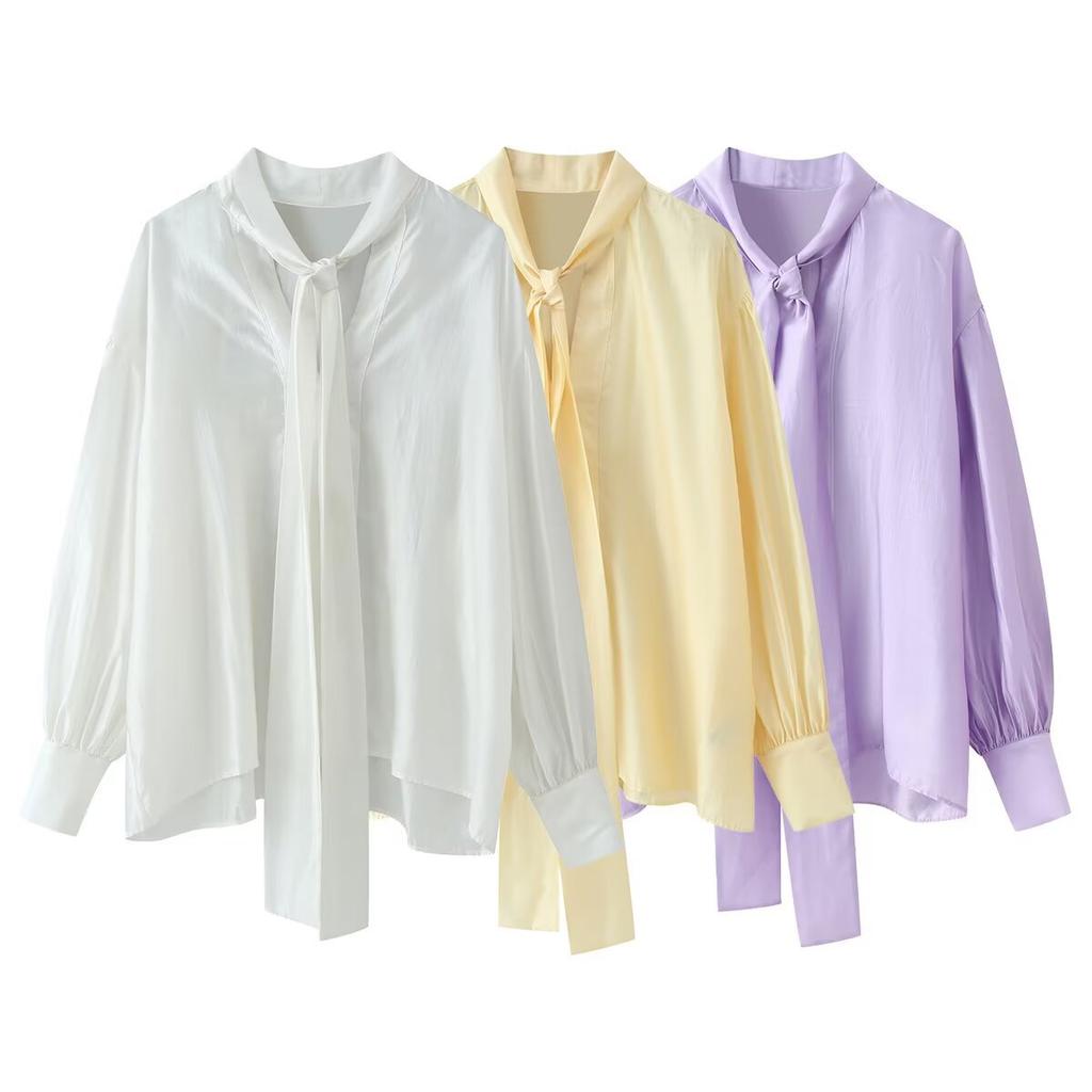 European and American Style, New Women's Fashion, Chic Satin Bow Embellished Shirt 4786024