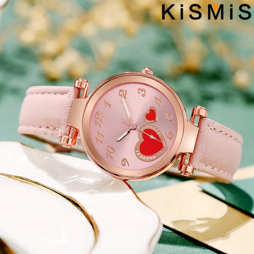 Relógio Feminino Moda Relógio de Quartzo Coração de Pêssego para Mulheres Pulseira de Couro Fosco Relógio de Pulso Feminino Relógio Casual de Vestir Presente para Ela