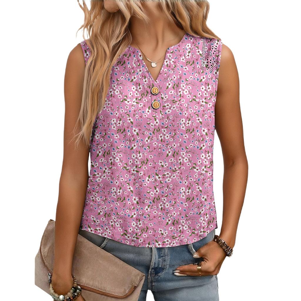 Women's Casual, Loose-Fitting, Printed, Sleeveless Linen Blouse