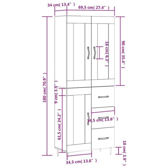 VidaXL Buffet haut Sonoma gris 69,5x34x180 cm Bois d'ingénierie 3198583