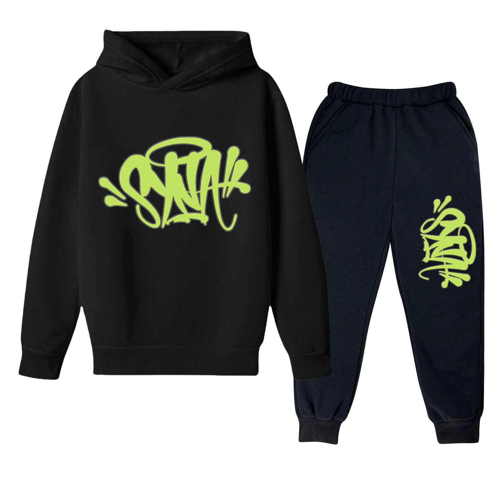 Kids  Long Sleeve Loose Pullover Letter Print Drawstring Hooded Sweatshirt Set 100