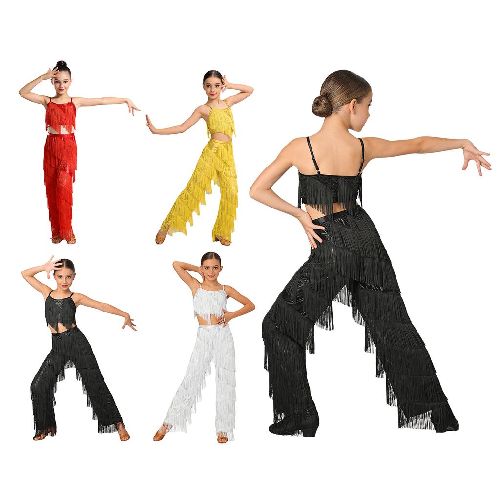 Completo da ballo latino per bambina con pantaloni metallizzati, spalline sottili regolabili, canottiera e frange