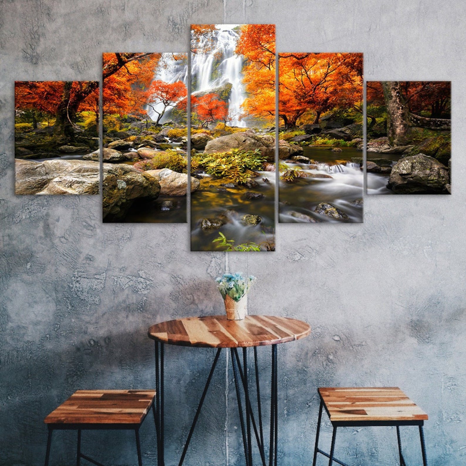 

Waterfall Orange Leaf Trees Nature Autumn Scenery 5 Piece Five Panel Wall Canvas Print Modern Art Poster Home Decor Gift For Him For Her 20X35 20X45 20X55CM