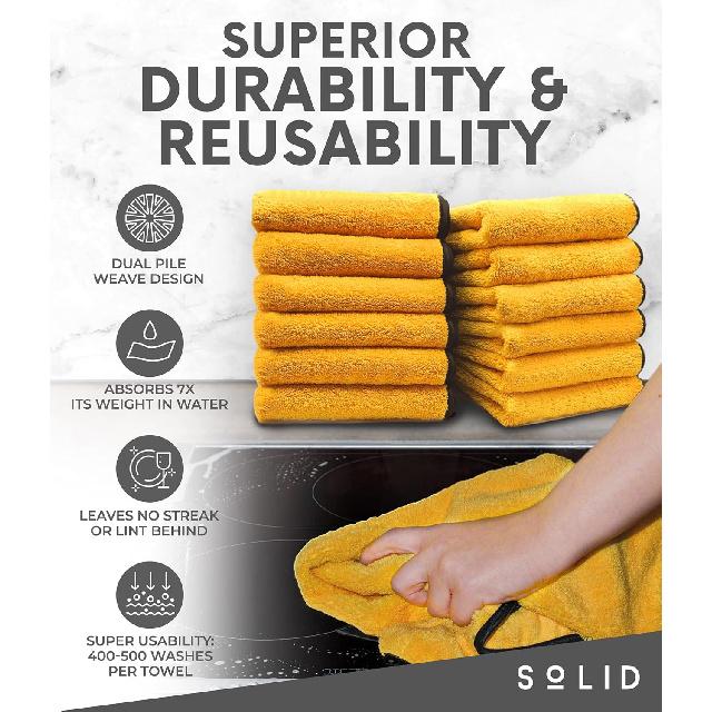 Solid Multipurpose Plush Microfiber Cleaning Cloth Towel for Household, Car Washing, Drying & Auto Detailing - 16" x 24" (6)