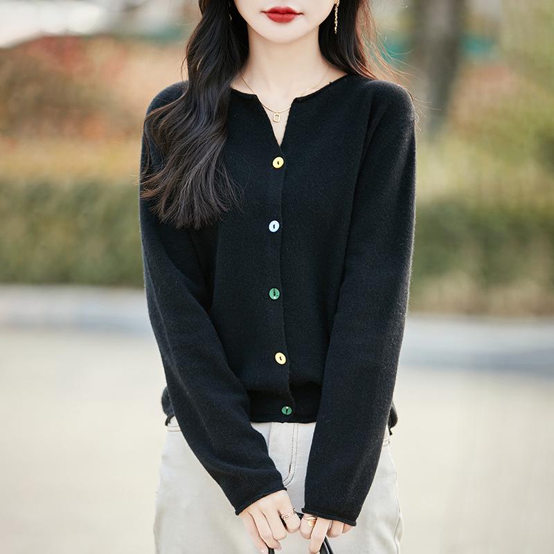 Women's V-Neck Wool Cardigan Sweater - Spring New Arrival, Loose Fit, Solid Color, Versatile Knit Outerwear.