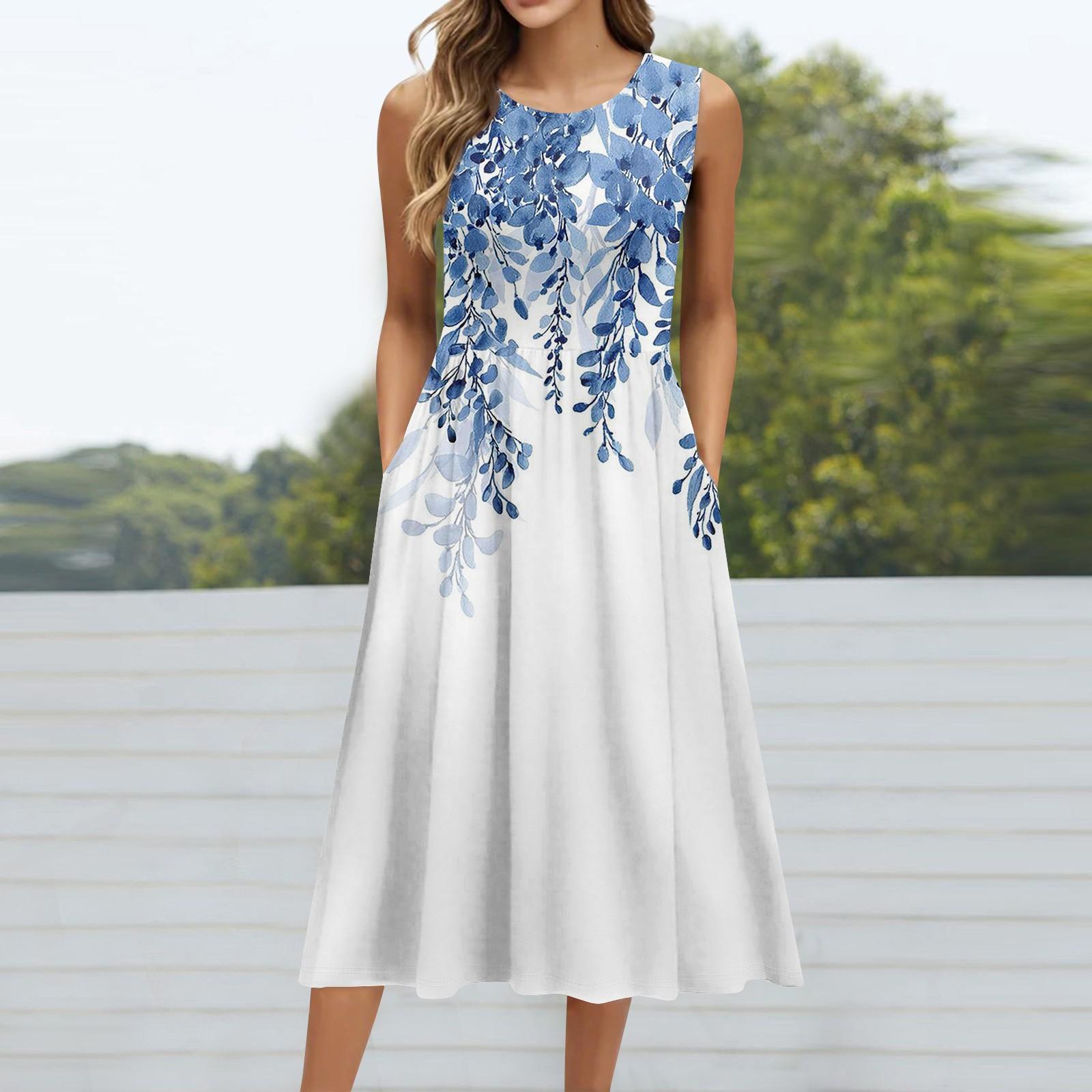 

Женское модное платье средней длины с круглым вырезом и принтом без рукавов XXL синий