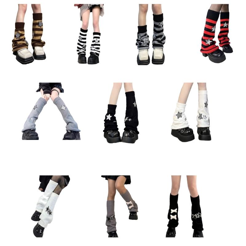 Girls Lolitas Leg Warmers Y2K Star Knitted Flared Leg Sleeves Goth Baggy Cuffs Ankle Heap Socks JK Uniform Foot Cover
