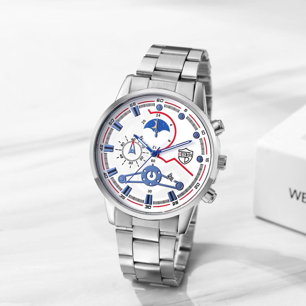 Waterproof Analog Luminous Star and Moon Quartz Simple and Stylish Fashion Accessory Perfect Gift for and Day Men's Watch, Silver Watch, Men's -