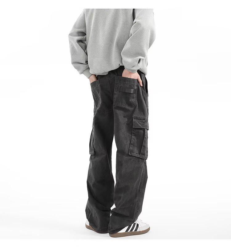 Men's Retro Punk Cargo Pants - Spring/Autumn 2025, Multi-Pocket, Heavyweight, Loose Fit, Straight Leg, Casual.