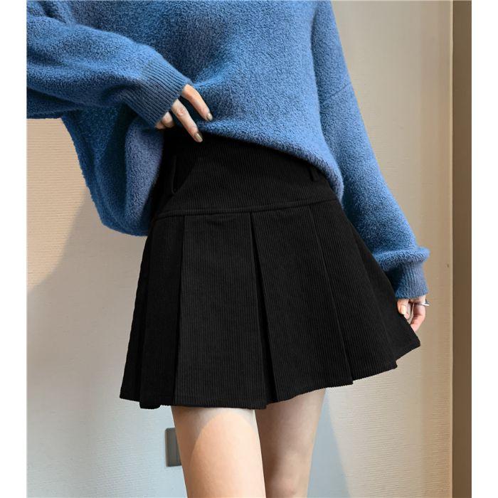 Plus Size Retro Pleated High-Waisted Corduroy A-Line Skirt for Women Small чёрный