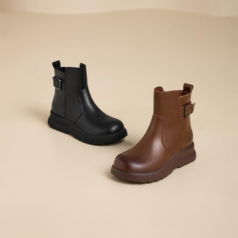 Casual Shoes, Versatile Leather Boots, New Retro Short Boots for Women, Thick-soled and Chunk-heeled Boots