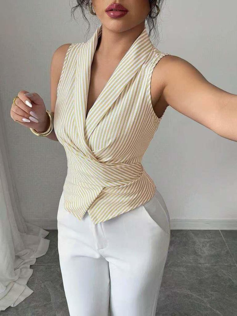 European Striped Sleeveless Tie-Waist Irregular Vest Shirt for Summer 2026