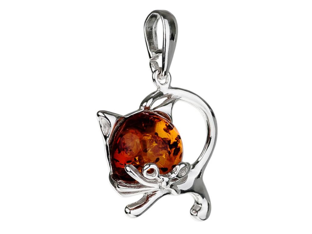 Large Silver Pendant Kitten Cat Amber
