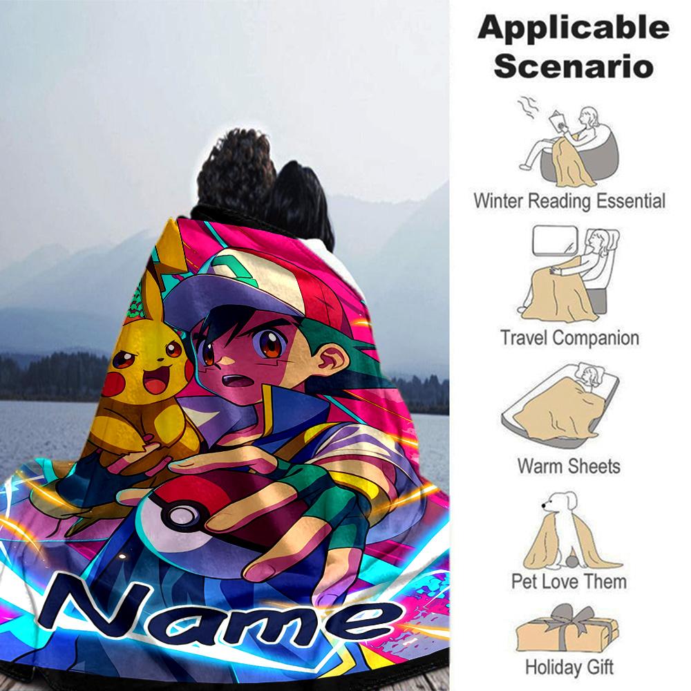 Coperta Personalizzata Nome Personalità Pokémon Ash e Pikachu Morbida e Calda per Divano Ufficio Letto Viaggio Pausa Pranzo, Regalo Adatto a Tutte le Stagioni