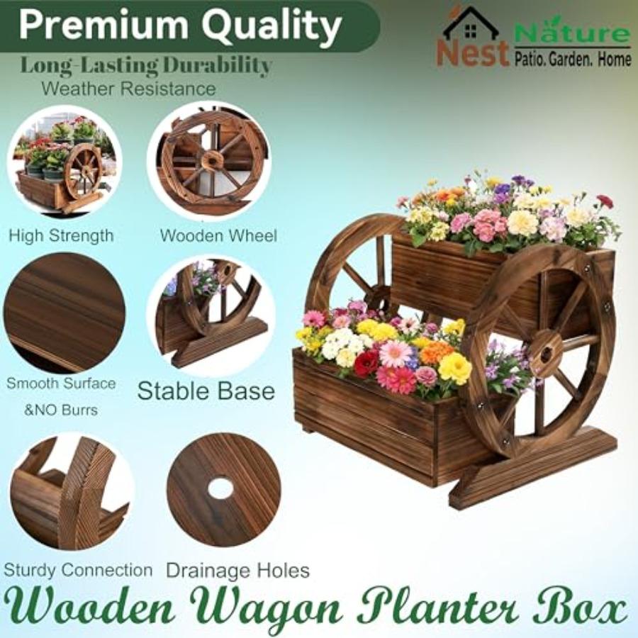 NestNature Wooden Wagon Planter Box Raised Garden Bed with Wheels for Indoor Outdoor Decor Natural Wood Finish Planters for Flo