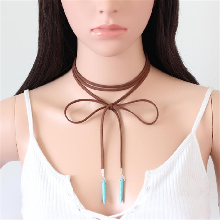 Turquoise Charm Necklace Bohemian Jewelry Natural Blue Stone Lariat Wrap