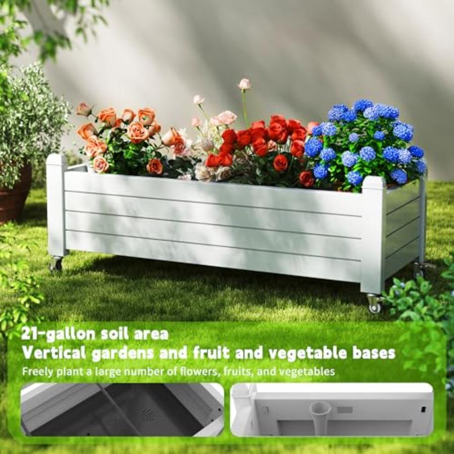Horticulture Garden Planter Box Divisible Resin Planter Box for Backyard Patio Balcony with 4 Legs and 4 Swivel Lockable Wheels