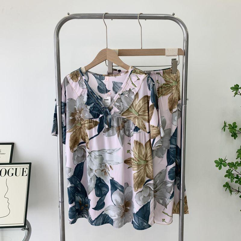 Women's Pajamas Nipple Coverage Summer Thin Cotton Short-Sleeved Cropped Pants Pullover Women's Home Clothes Two-piece Set Short-Sleeved