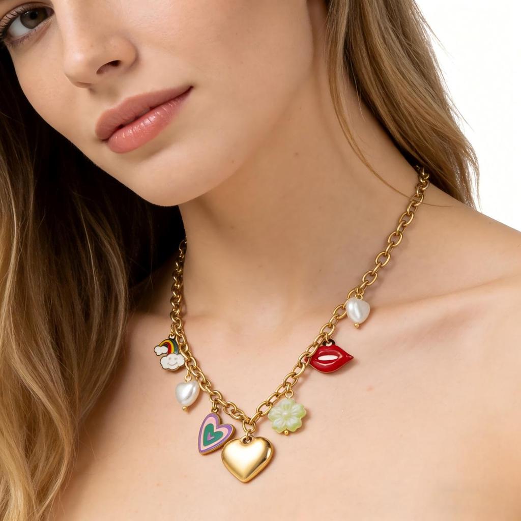 18K Gold Plated Stainless Steel Heart, Lips, and Flower Pendant Necklace for Women